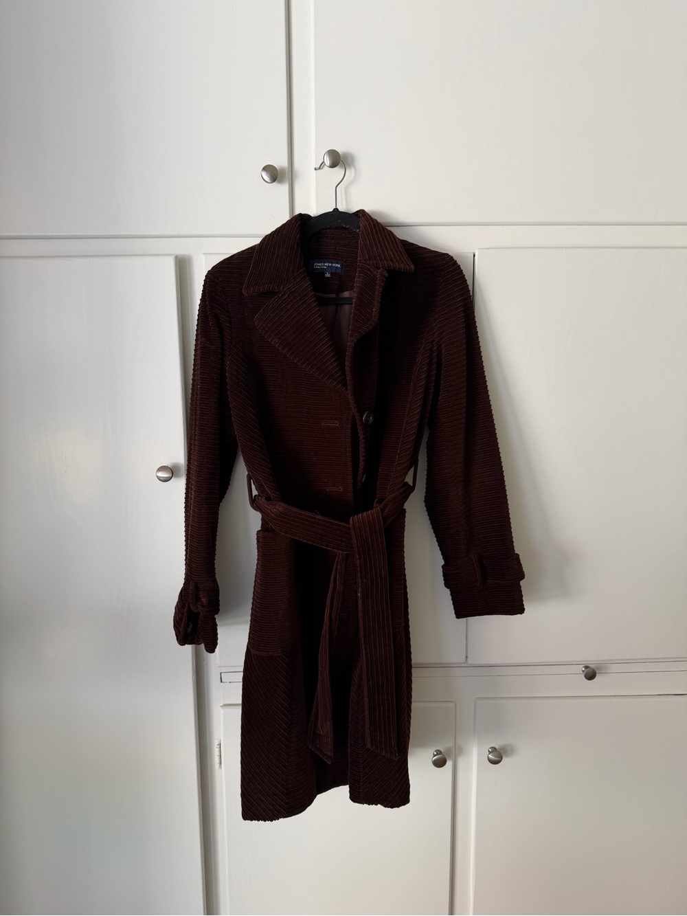 Jones New York Corduroy Belted Midi Pea Coat in Brown - Picture 2 of 5